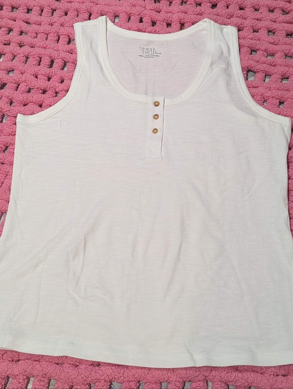 Time and Tru White Scoop Neck Henley Tank with Button Placket